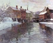 Frits Thaulow snow covered buildings by a river oil on canvas